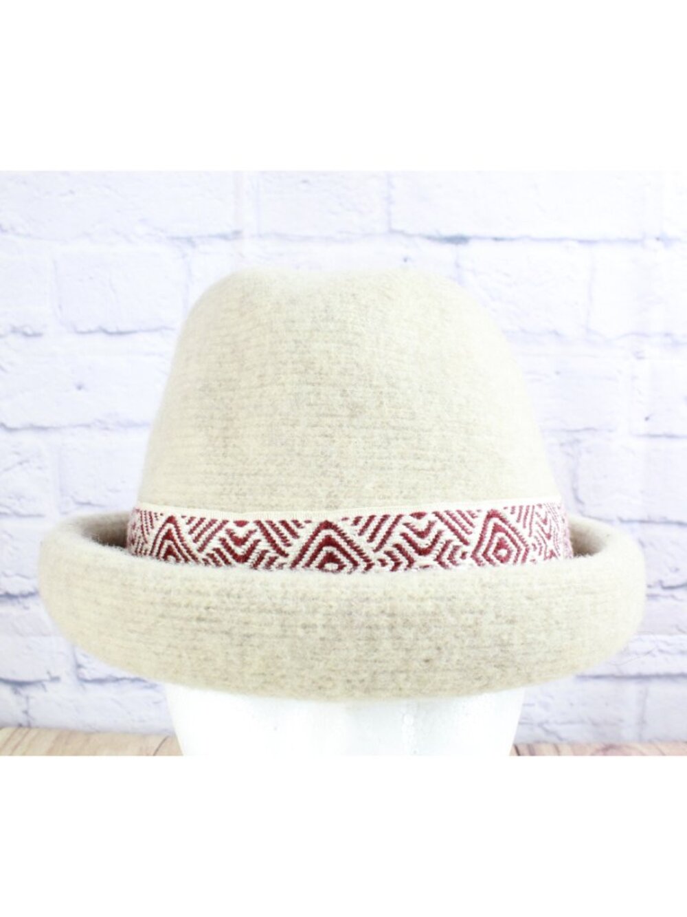 Adora Hats 100% Wool Cream Fedora Hat Red Geometric Band One Size